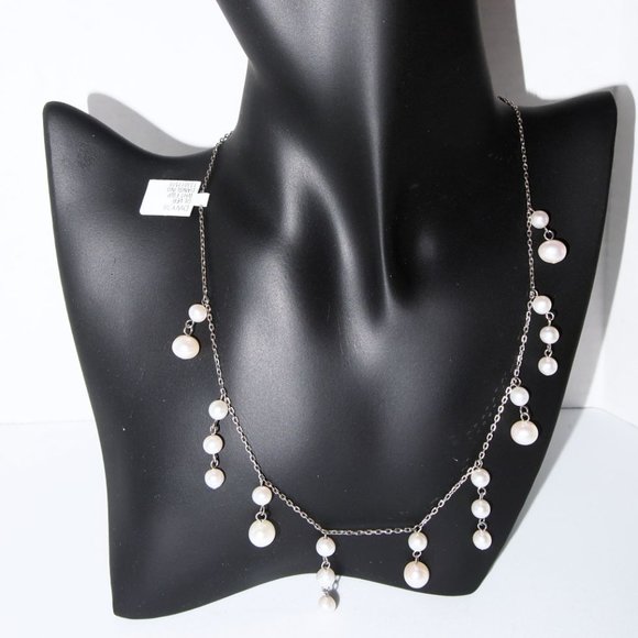 Genuine White Fresh-Water Pearl's Dangling 16 Inch Necklace .925 Sterling Silver - Picture 4 of 5